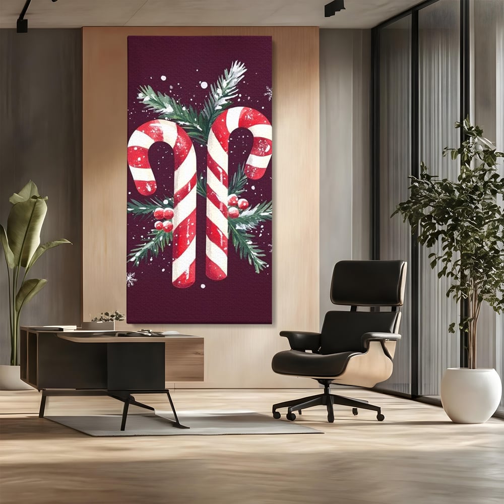Tablou canvas cu tablou canvas cu bastonase de zahar, fara rama, pe sasiu de lemn, pe perete intr-un birou